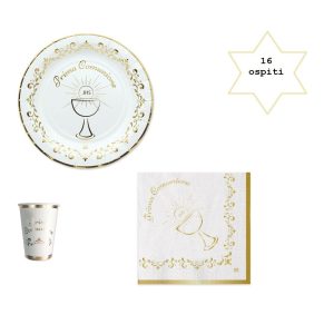 Kit 16 Ospiti Comunione Gold Metal  (16 Piatti,16 Bicchieri,20 Tovaglioli,) Festa Decorazione Coordinato Tavola