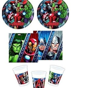 KIT 72 PZ COMPLEANNO BAMBINI AVENGERS  COORDINATO TAVOLA PIATTI BICCHIERI TOVAGLIOLI(16 PIATTI,16 BICCHIERI,40 TOVAGLIOLI)