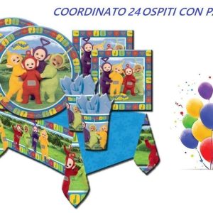 KIT 24 OSPITI TELETUBBIES CON PALLONI COORDINATO TAVOLA (24 PIATTI,32 TOVAGLIOLI,24 BICCHIERI,1 TOVAGLIA,10 PALLONI)