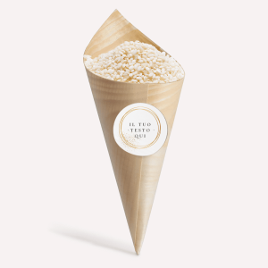 KIT 1 KG  RISO BIANCO PER SPOSI ANTIMACCHIA  CON 16 CONETTI IN BAMBU’ E BOLLINO PERSONALIZZATO