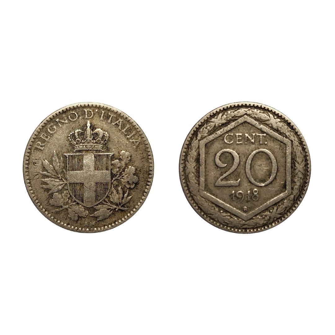 Vittorio Emanuele III – 20 Centesimi Esagono – 1918 Bordo rigato – BB+ – Tracce Conio precedente