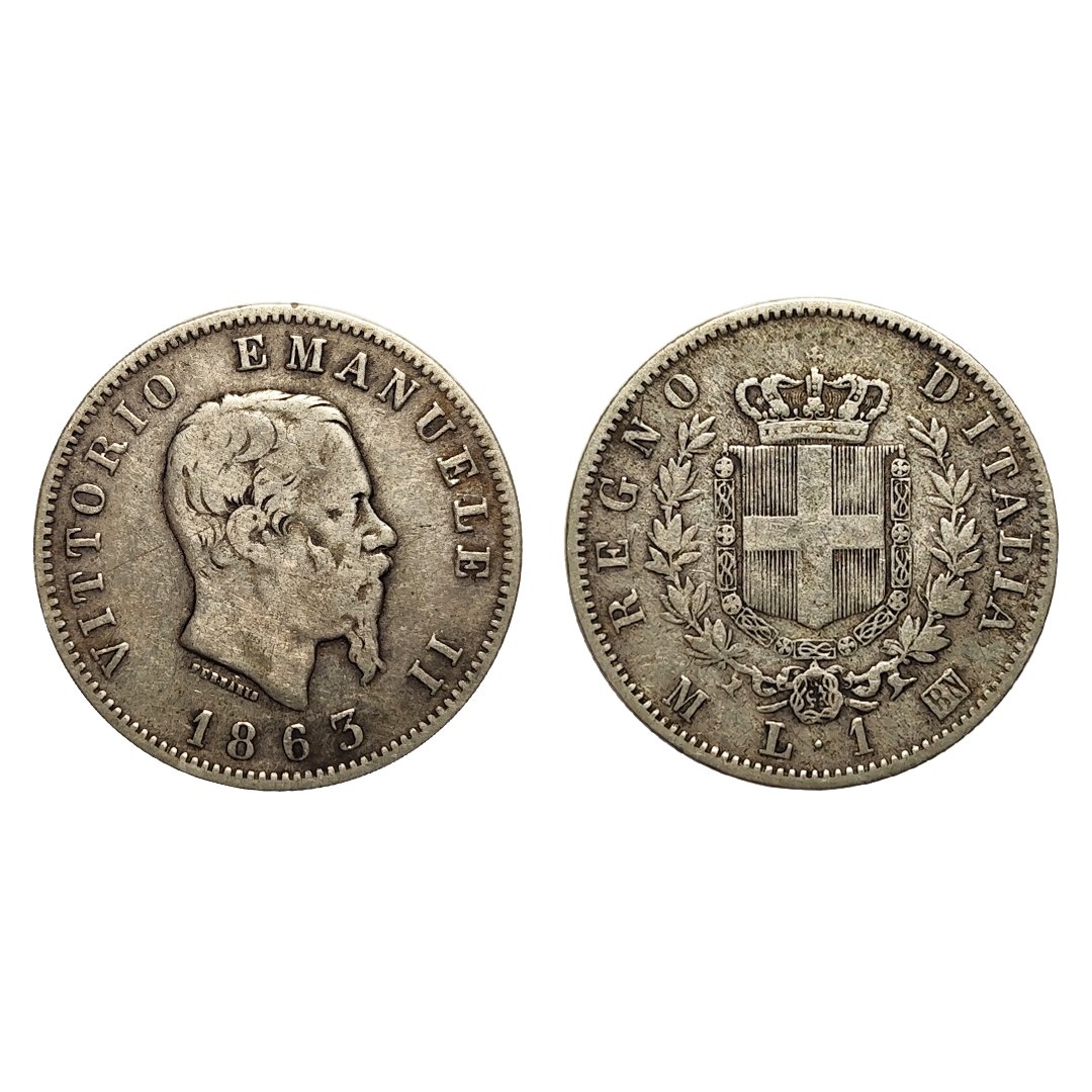 Vittorio Emanuele II – 1 Lira Stemma 1863 – Milano – BB – NC